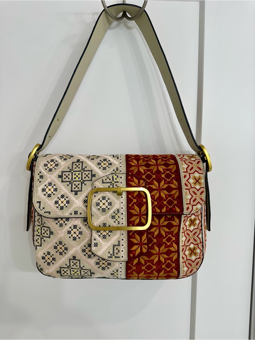Tory Burch Embroidered Patchwork Shoulder Bag in multicolor & Cream